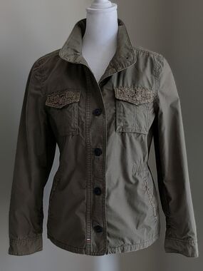 Tommy Hilfiger Olive Utility Jacket with Lace-Trim Pockets-Medium